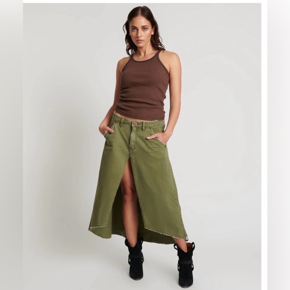 Free People x One Teaspoon Mrs Carter Low Waist Long Denim Skirt - St Khaki 23